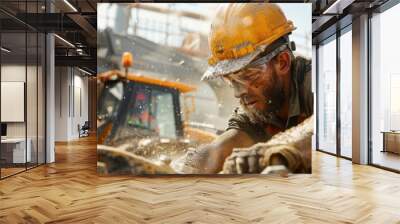 A close-up shot of a laborer, covered in construction dust, operating a bulldozer against a backdrop of concrete mixers and scaffolding. The scene captures the intensity and movement of a modern Wall mural