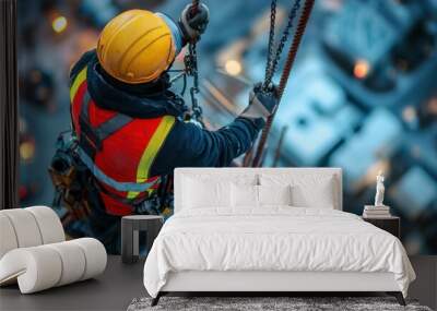 A construction worker operating a crane at a busy construction site, wearing full protective gear including a helmet, safety glasses, and reflective clothing. The site is filled with heavy equipment Wall mural