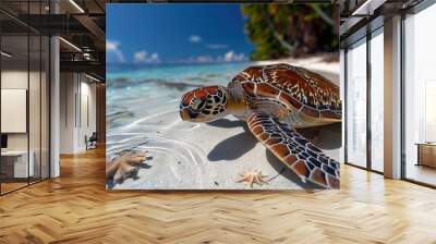 A majestic sea turtle, its intricate shell pattern glistening under the natural sunlight on a pristine sandy beach Wall mural