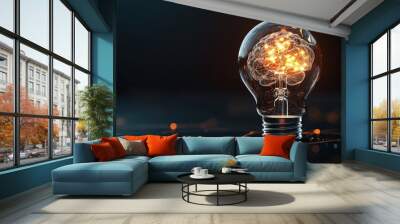 A striking 3D stock photo featuring a light bulb with a luminous brain inside. The brain is structure is intricately visible and brightly lit, set against a dark, subdued background that makes the Wall mural