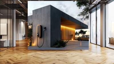 A stylish EV charging station mounted on the exterior wall of a minimalist modern house with a flat roof and a combination of natural. Wall mural