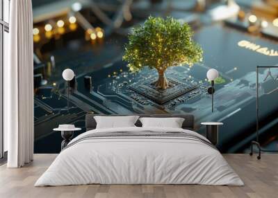 A thriving tree with detailed bark and foliage sprouts from the surface of a mainboard, set in a futuristic, sustainable landscape. The environment is characterized by advanced green technology, Wall mural