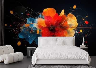 Artistic depiction of vibrant, glowing floral patterns with intricate details on a deep black background, showcasing an elegant and modern design with a luminous effect  Wall mural