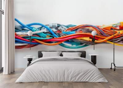 he most beautiful cable management on white background with colorful wires, a neatly organized arrangement of multicolored cables flowing in graceful curves, each wire meticulously placed and secured Wall mural