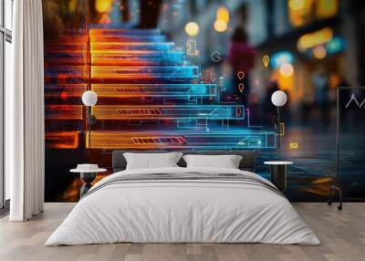 Neon Glow: Abstract Staircase of Creative Business Success and Innovation Wall mural