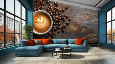 A freshly brewed espresso in a white cup surrounded by roasted coffee beans on a rustic wooden table. Wall mural