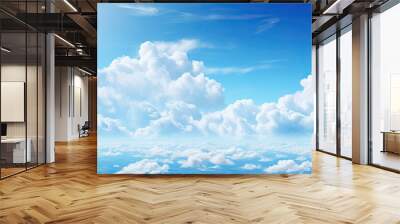 Beauty of summer sky with scattering of fluffy white clouds against backdrop of bright blue. Scene exudes tranquility and making ideal for aim to evoke calm and peaceful atmosphere Wall mural