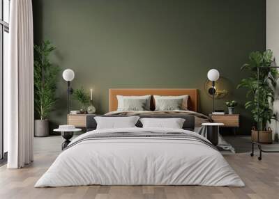 Bed in modern bedroom interior. Green home design. Decor background for house design Wall mural