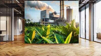 Biomass Power Plant Surrounded by Lush Greenery Generating Renewable Energy from Organic Waste Wall mural