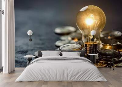 Bright ideas for financial success. Light bulb and coin concept. Innovation and growth. Glowing lightbulb illuminating success. Economic brilliance. Stack of coins under conceptual Wall mural