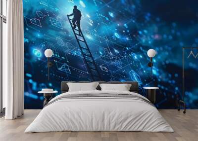 Businessman Climbing Ladder of Financial Symbols Reaching Towards Bright Future Growth Concept Wall mural