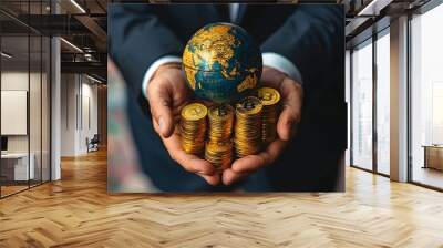 Businessman Holding Globe and Gold Coins Symbolizing Global Investing and Wealth Accumulation Wall mural