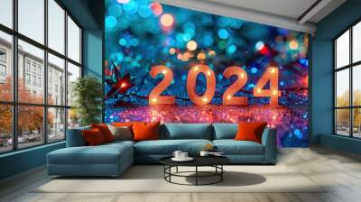 Celebrate 2024. Shiny and glittering new year greeting card blending modern design elements festive symbols and bright colors for joyous holiday celebration Wall mural