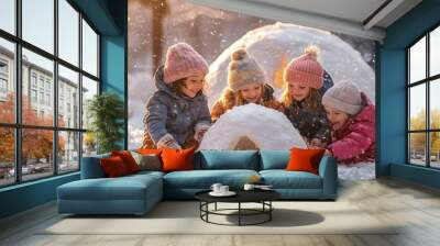 Children Playing and Building an Igloo in the Snowy Landscape Symbolizing Joy and Creativity in Winter Wall mural