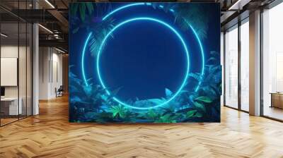 Circular frame features blue neon lights decorated with palm leaves. Futuristic glowing abstraction Wall mural