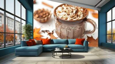 Close up of Steaming Autumn Inspired Chocolate Drink with Whipped Cream and Cinnamon Wall mural