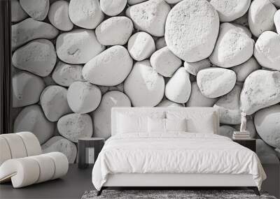 Collection of various rocks and pebbles. Smooth white stones with intricate patterns create abstract and soothing composition. Light and shadow enhances texture and depth to arrangement Wall mural