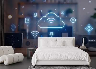 Connected Smart Home Devices and Cloud Computing Concept with Informative Digital Render Wall mural