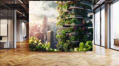 Cooperative Urban Vertical Farm in Futuristic Cityscape Symbolizes Sustainable Agriculture Wall mural