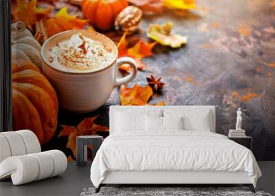 Cozy Autumn Pumpkin Spice Latte in Ceramic Mug with Fall Leaves and Pumpkins Wall mural