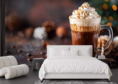 Cozy Irish Coffee with Whipped Cream and Nutmeg Topping in a Mug on a Chilly Winter Evening Wall mural