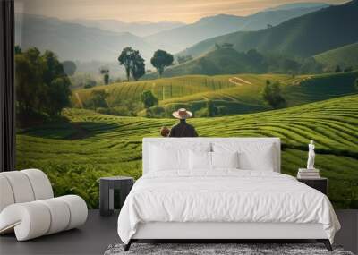 Cultivating prosperity. Life of agricultural worker. Morning mist on tea farm. Farmer tale. Sustainable farming. Nurturing nature growing food Wall mural