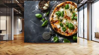 Decadent Four Cheese Pizza with Fresh Basil and Olive Oil Drizzle Wall mural