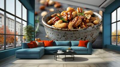 Delectable Honey Glazed Roasted Nuts in a Rustic Bowl a Tempting and Healthy Snack Delight Wall mural