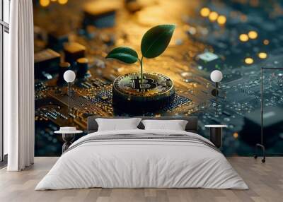 Digital Coin Rooting into Circuit Board Symbolizing of Technology and Finance in Modern Growth Strategies Wall mural