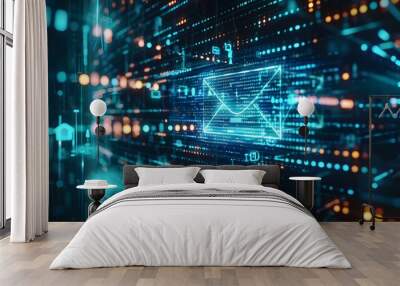 Digital data streams and binary code surrounding email icon emphasizing its role in information technology Wall mural