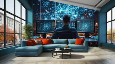 Digital guardian. Professional cybersecurity specialist monitoring dark room with computer servers ensuring security and integrity of information in futuristic technological facility Wall mural