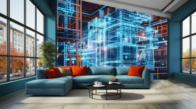 Digital Twin of Construction Project Showcasing Progress Material Usage and Timeline Management Wall mural