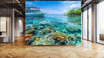 Ecotourism Boat Tour Exploring Vibrant Coral Reefs with Glass Bottom Boats for Underwater Viewing Wall mural