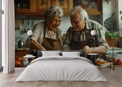 Elderly Couple Cooking a Meal Together in Their Cozy Kitchen Sharing Laughter and Love Wall mural