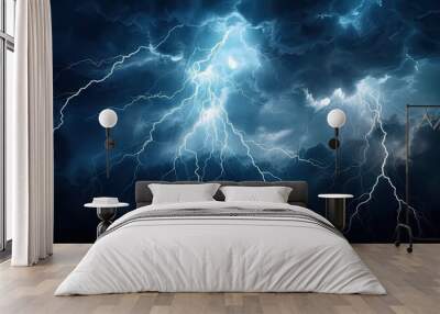 Electrifying nature symphony. Jaw dropping display of power in thunderstorm illuminated by bright lightning bolts and dramatic sky perfect for capturing dynamic energy and beauty of stormy weather Wall mural