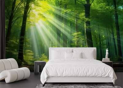 Enchanted forest. Sunlight filtering through green foliage tree on misty morning. Sunny woodland haven. Beams of light illuminate lush Wall mural