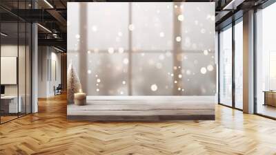 Enchanting christmas elegance. Festive bokeh lights in winter night. Winter wonderland. Abstract holiday design with bokeh lights on vintage wooden table Wall mural