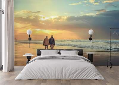 Eternal love. Old mature couple walking on beach at sunset. Romantic getaway. Senior embracing beauty of sunset. Sun kissed moments. Retired enjoying stroll together Wall mural