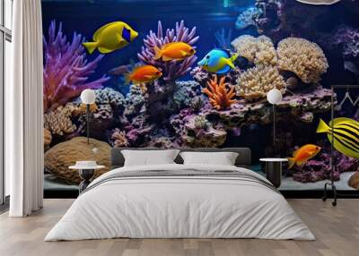 Exploring wonders. Colorful aquarium world. Aquatic paradise. Exotic marine life and vibrant coral reefs. Diving into deep blue. Captivating underwater aquatic scenes Wall mural