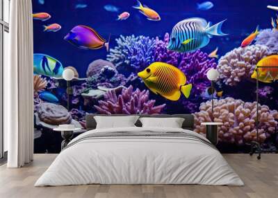 Exploring wonders. Colorful aquarium world. Aquatic paradise. Exotic marine life and vibrant coral reefs. Diving into deep blue. Captivating underwater aquatic scenes Wall mural