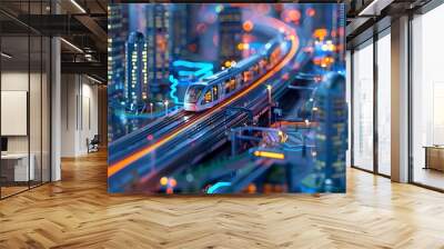 Futuristic Digital Twin of an Optimized Urban Transportation Network at Night Wall mural