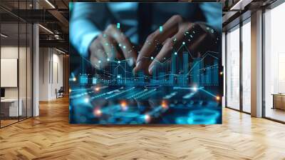 Futuristic Financial Hologram Projecting Growth Charts and Market Data Analytics Wall mural