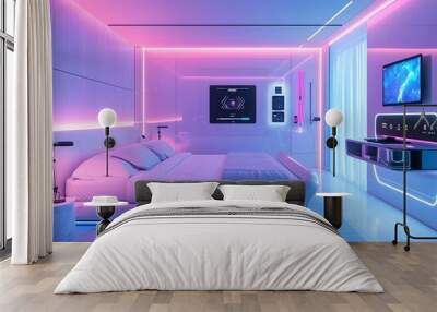 Futuristic Hotel Room with Smart Controls for Lighting Temperature and Entertainment in Minimalist High Tech Design Wall mural