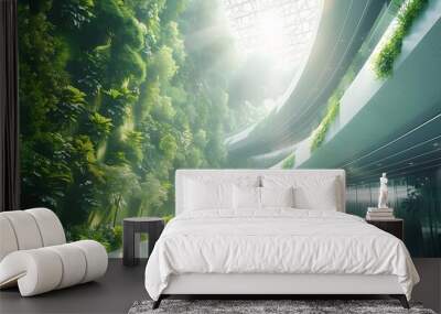 Futuristic Sustainable Mall with Vertical Gardens and Renewable Energy Sources Wall mural