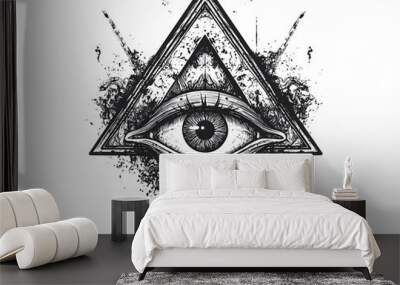 Geometric Black Tattoo of Pyramid with All Seeing Eye  Symbolizing Mystery and Ancient Wisdom Wall mural