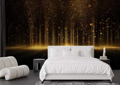 Glowing golden light effect on black background. Glittering abstract illustration. Luxury graphic design premium Wall mural