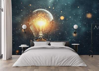 Glowing Light Bulb Floating in Starry Space Symbolizing Innovative Idea Concept Wall mural