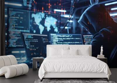 Hacker Coding on Computer Screens with Cybersecurity Data and Digital Crime Concepts Wall mural