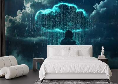 Hacker Extracting Data from Cloud Storage with Binary Streaming Like Rain Wall mural