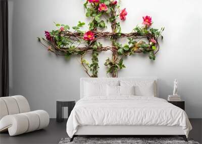 Handcrafted Floral and Vine Cross Symbolizing Nature s Spiritual Connection Wall mural